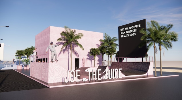  Immersive Architecture in Riyadh, a pop-up design by Studio Königshausen. The Riyadh pop-up for Joe and the Juice embodies the brand's essence with Miami-inspired aesthetics. Our standout feature is a lifeguard tower, combining black and pink hues for a true beach feel.